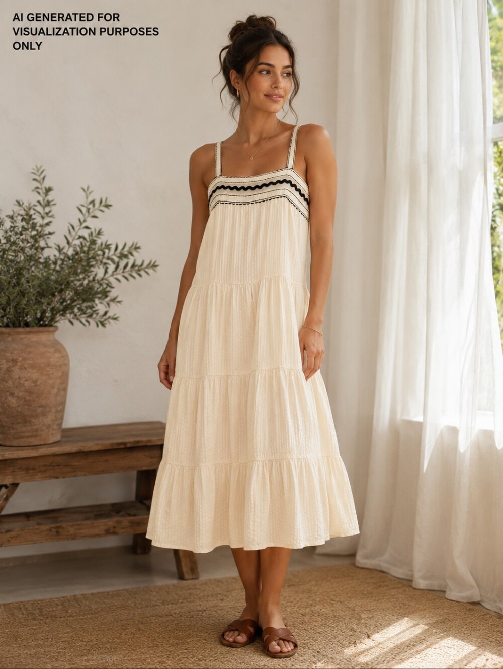 Zara Cream  TieredMaxi Dress with Black Trim Details